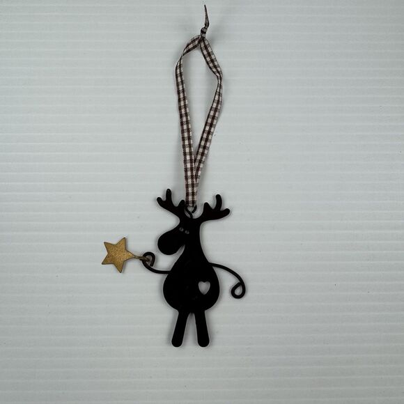 Metal Moose Christmas Ornament Primitive Rustic Brown Holding Star Country Decor - Picture 4 of 6